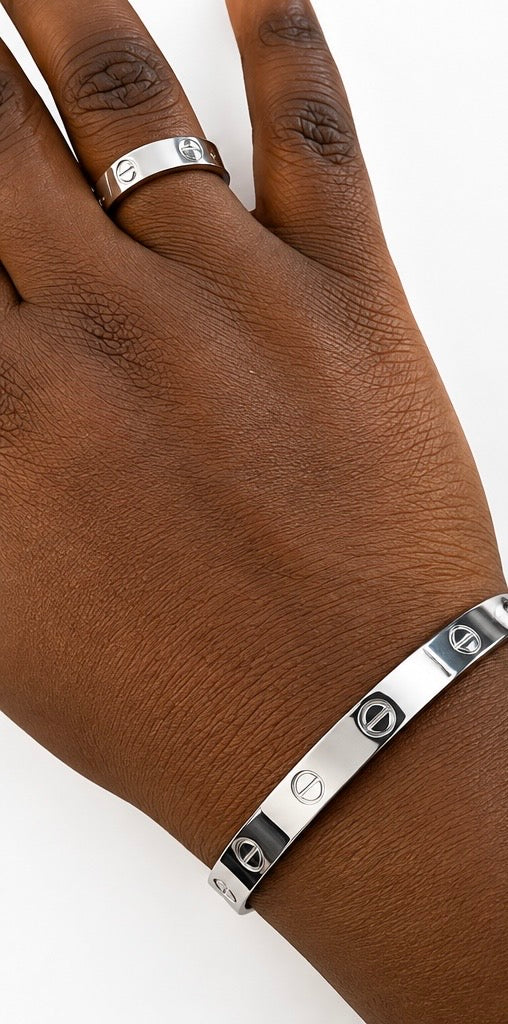 Bijoux de Luxe - Bracelet et Bague Argenté en Acier Inoxydable